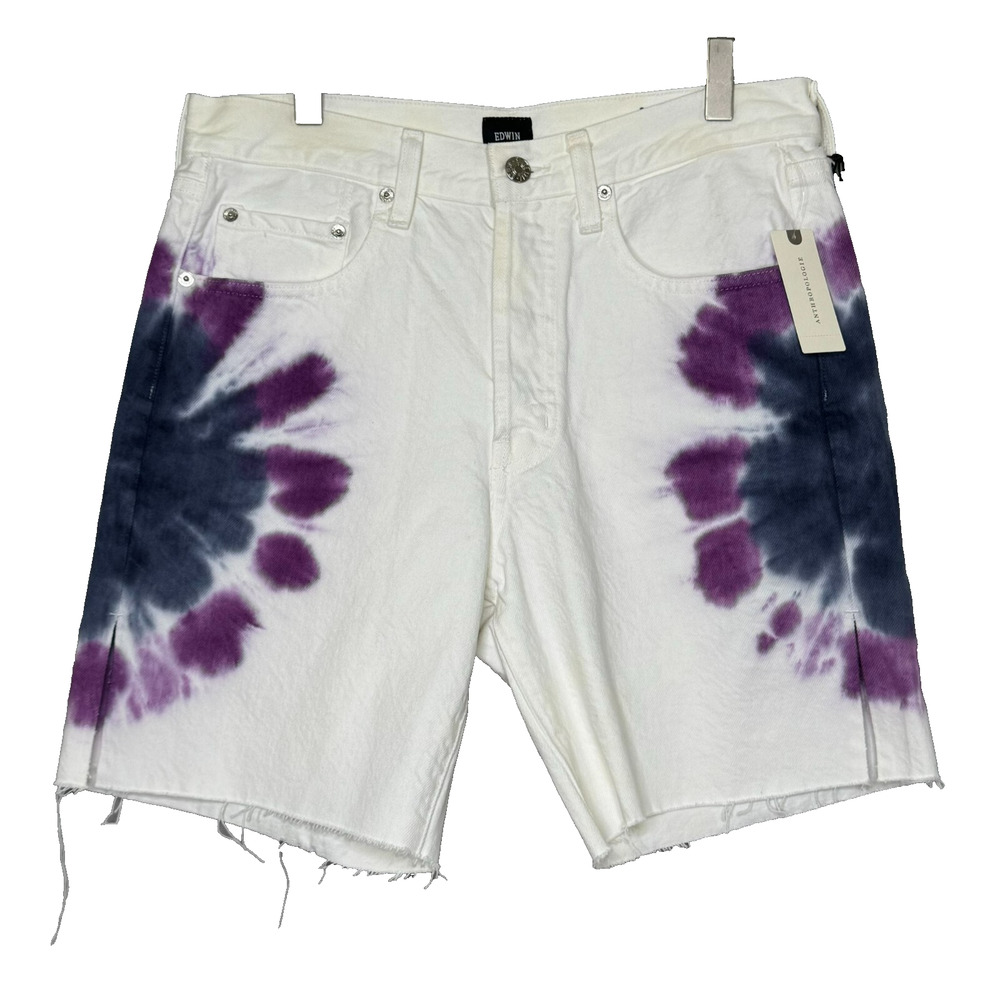 Anthropologie Edwin Cai Shorts Womens 28 Sunset 7" Inseam White Blue Tie Dye NEW